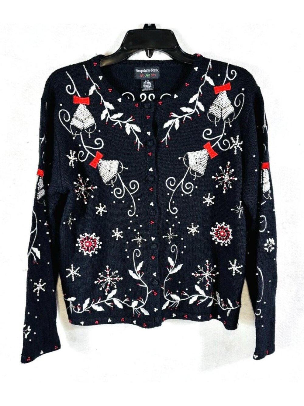 Hampshire Studio Ugly Christmas Sweater Black Cardigan Bells Snowflake Ivy Sz PM - Picture 1 of 9